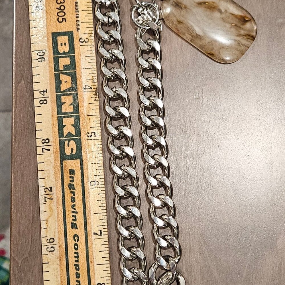 Heavy Silvertone Chain Necklace with Dendritic Quartz Pendant and Bee Charm - Picture 9 of 9